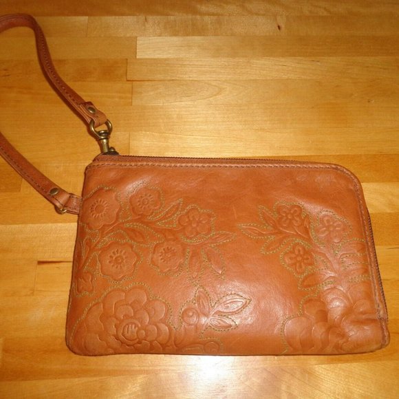 Fossil Brown Floral Boho Embroidered Tan Leather Wristlet Wallet Clutch … - Picture 2 of 6